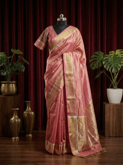Rosaya Coral Pink Tissue Silk Saree with Golden Zari Weave