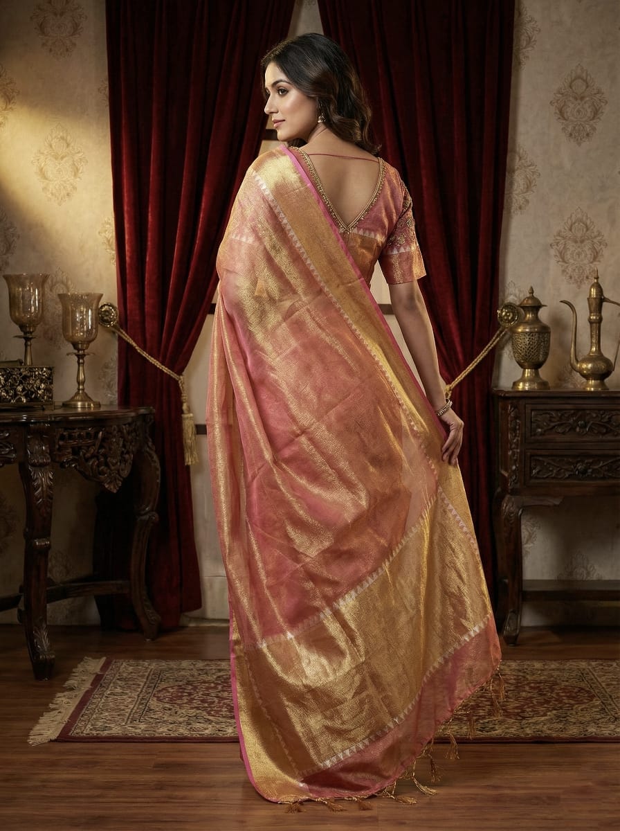 Rosaya Coral Pink Tissue Silk Saree with Golden Zari Weave