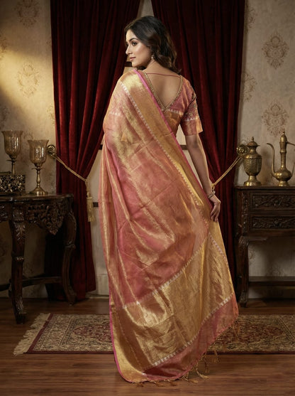 Rosaya Coral Pink Tissue Silk Saree with Golden Zari Weave