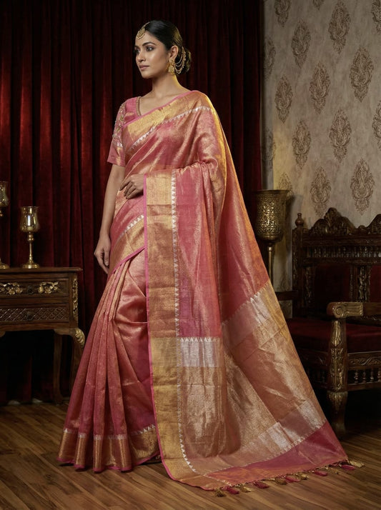 Rosaya Coral Pink Tissue Silk Saree with Golden Zari Weave