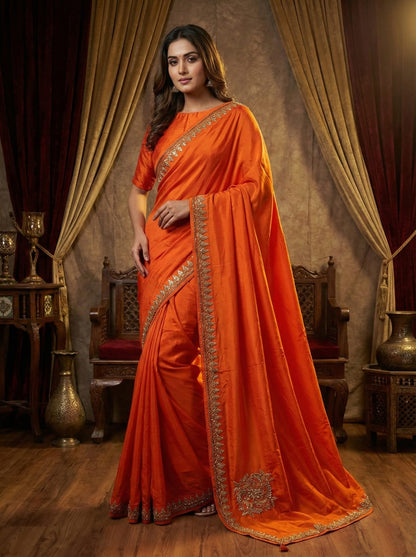 Rosaya Sacred Saffron Bridal Silk Saree with Antique Zari Work