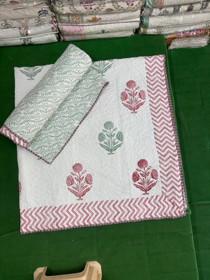Jaipuri Hand Block Printed Cotton Dohar | Reversible Lightweight Quilt – Floral Motif (AC Comfort) | Rosaya