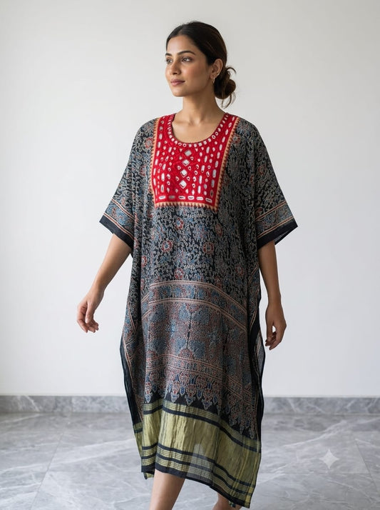 ❤️✨ Printed Kaftan – Black, Red &amp; Golden Ethnic Elegance ✨❤️