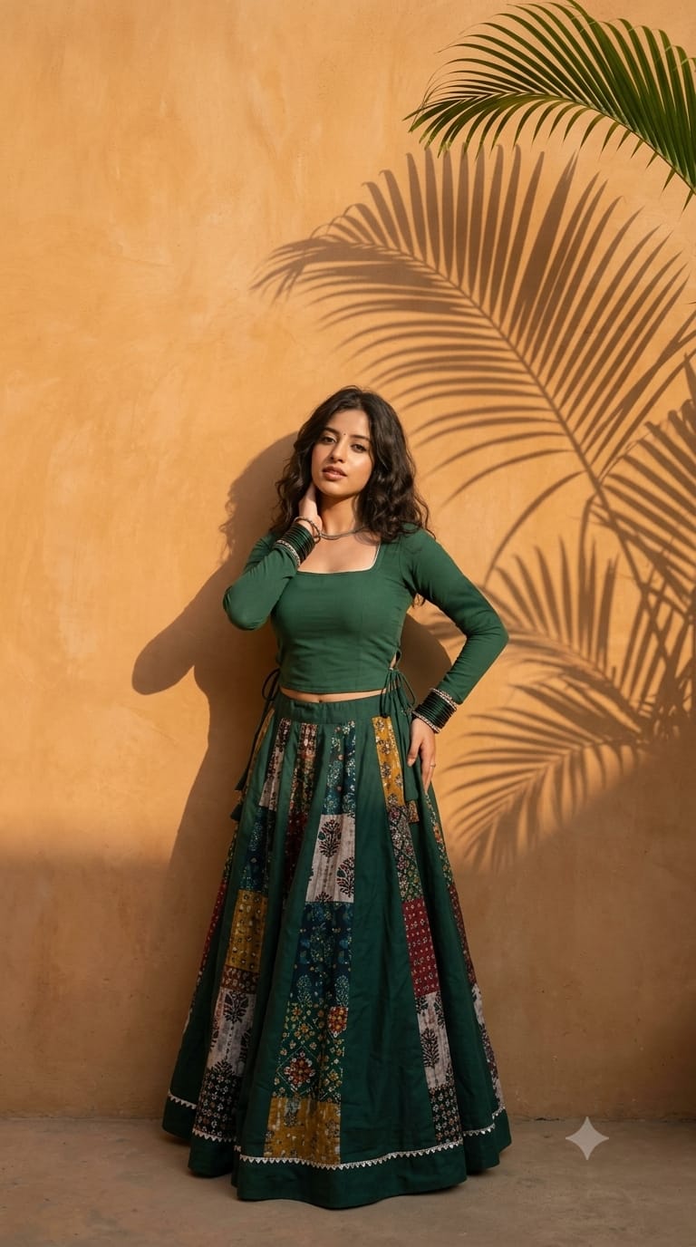 💚✨ Cotton Ajrakh Natural Dyed Handblock Print Kali Tukdi Skirt ✨💚