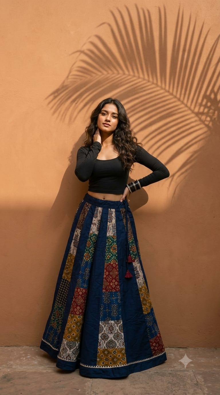 💙✨ Ajrakh Multicolor Handblock Print Kali Tukdi Skirt ✨💙