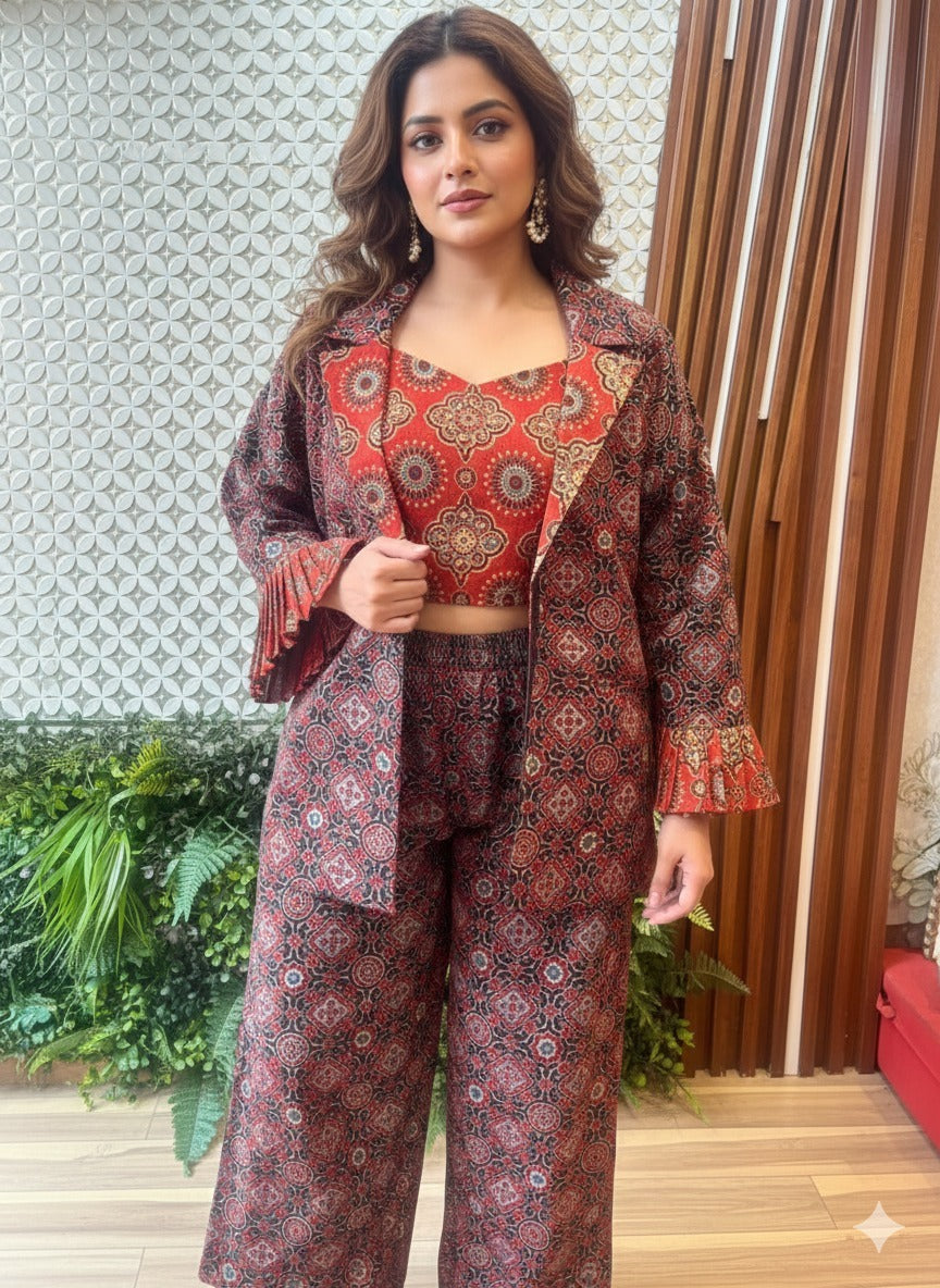 ❤️✨ Cotton Ajrakh Blazer Set – Contemporary Ethnic Elegance ✨❤️