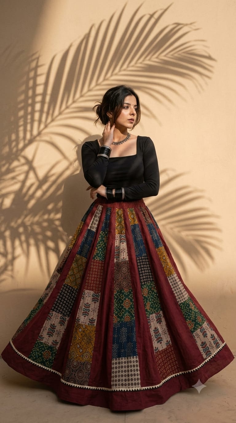 ❤️✨ Cotton Ajrakh Natural Dyed Handblock Print Kali Tukdi Skirt ✨❤️