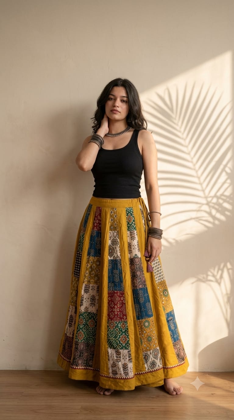 💛 Cotton Ajrakh Natural Dyed Handblock Print Kali Tukdi Skirt ✨