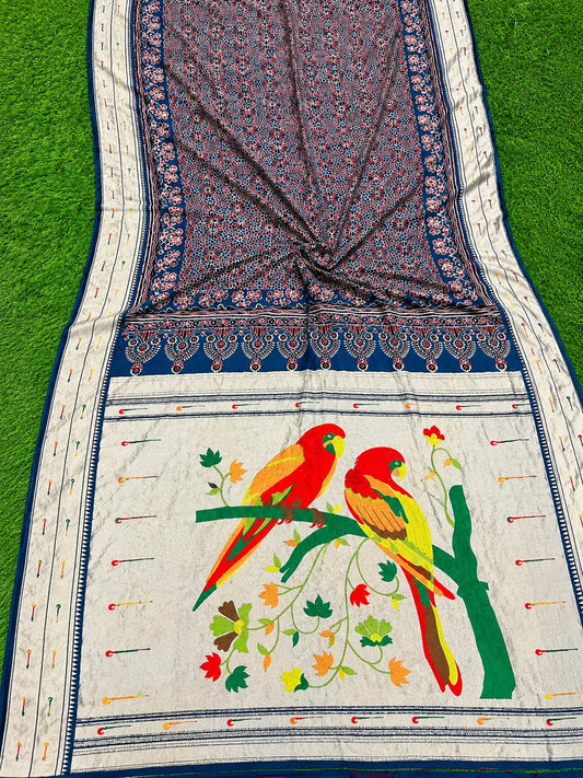 💙 Paithani with Ajrakh_Dola Silk Saree ✨