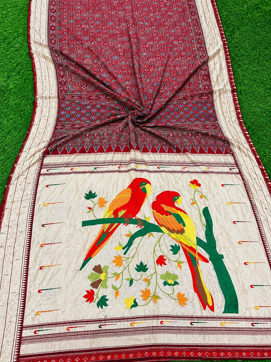 ❤️ Red Paithani Dola Silk Ajrakh Parrot Motif Saree ✨
