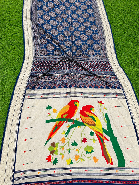 💙 Paithani with Ajrakh_Dola Silk Saree ✨