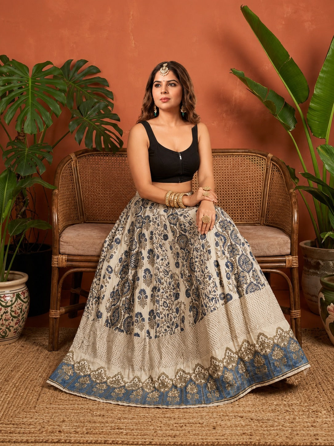 💙✨ Cotton Ajrakh Natural Dye Handblock Print Kali Skirt ✨💙