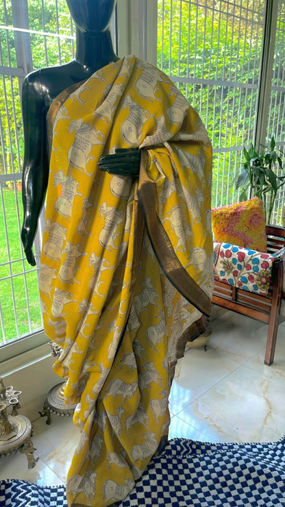 Mustard Yellow Handblock Saree with Elephant Motif & Zari Border | Traditional Cotton Silk Saree – Rosaya