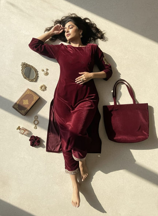 Rosaya Deep Maroon Velvet Embroidered Winter Cord Set