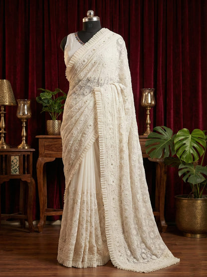 Rosaya Ivory Handcrafted Chikankari Heritage Saree