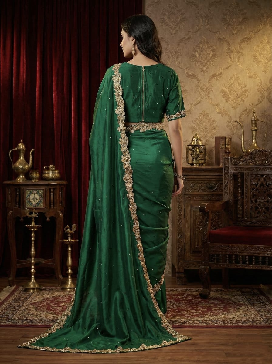 Rosaya Emerald Green Embellished Work Saree with Zari Floral Border