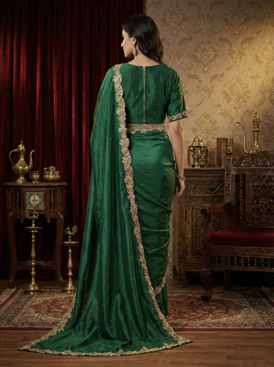 Rosaya Emerald Green Embellished Work Saree with Zari Floral Border