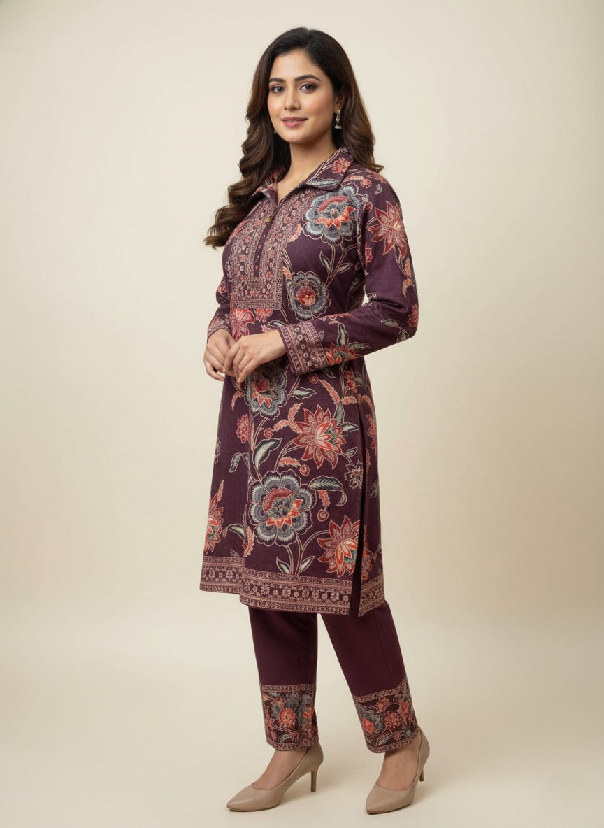Woman wearing a patterned kurta with pants on a beige background
