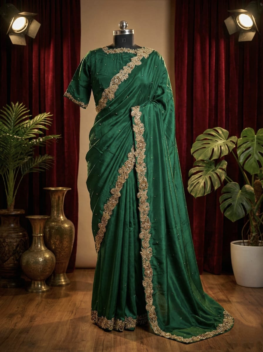 Emerald green work saree with golden embroidered border displayed on mannequin.