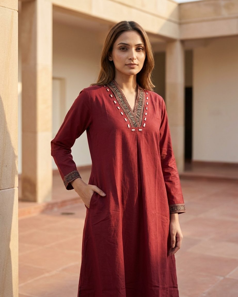 Woman wearing a red traditional outfit with intricate patterns in an outdoor setting.