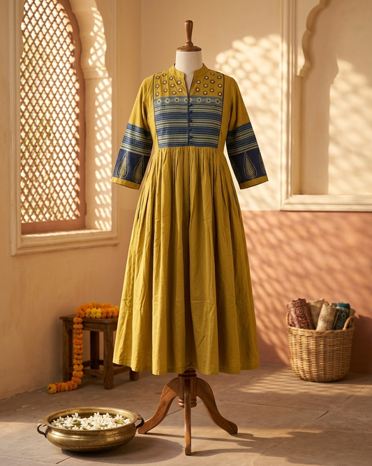 Mustard cotton Anarkali kurta displayed on mannequin showing full flare and design
