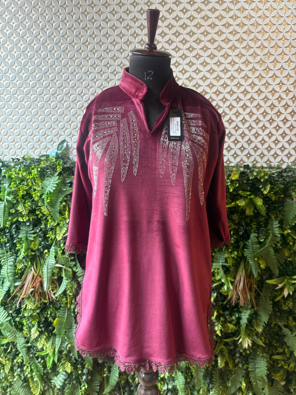 Rosaya Premium Wine Velvet Woolen Cord Set with Stone Work for Women