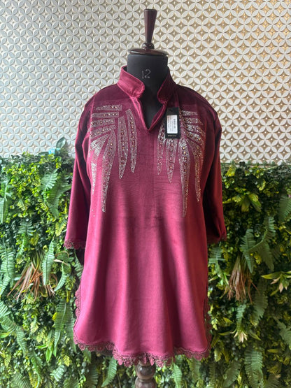 Rosaya Premium Wine Velvet Woolen Cord Set with Stone Work for Women