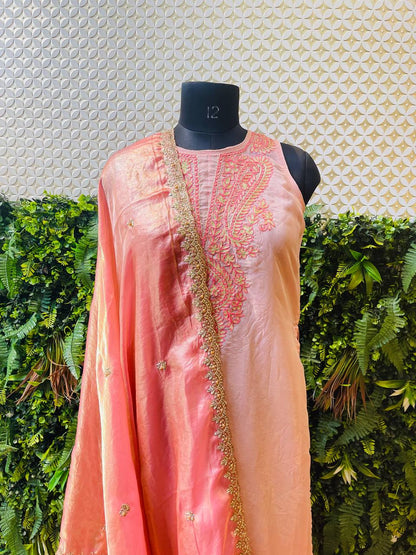 Rosaya Blush Pink Embroidered Kurta Set with Organza Dupatta