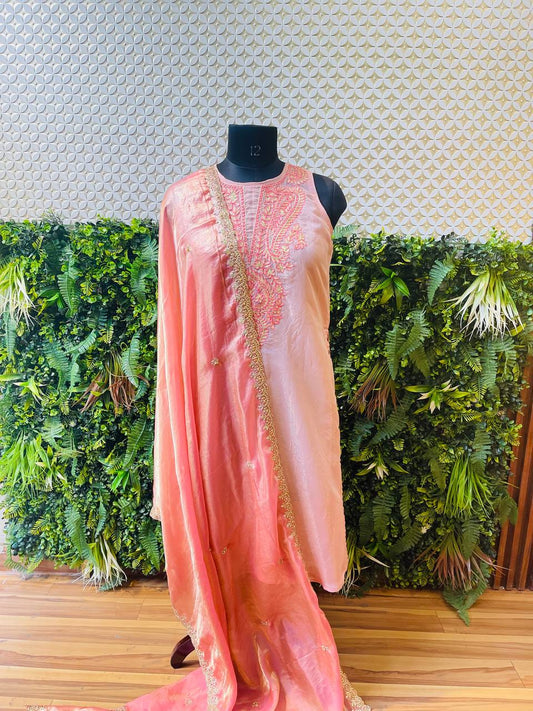 Rosaya Blush Pink Embroidered Kurta Set with Organza Dupatta