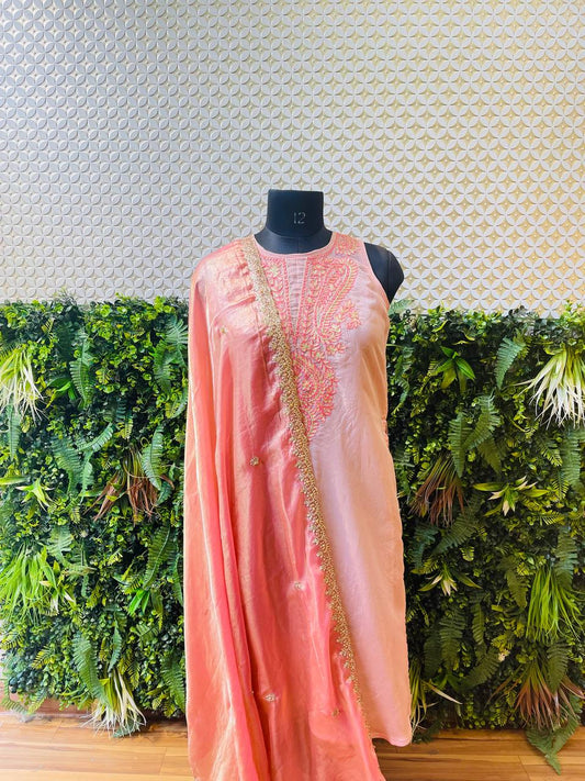 Rosaya Blush Pink Embroidered Kurta Set with Organza Dupatta