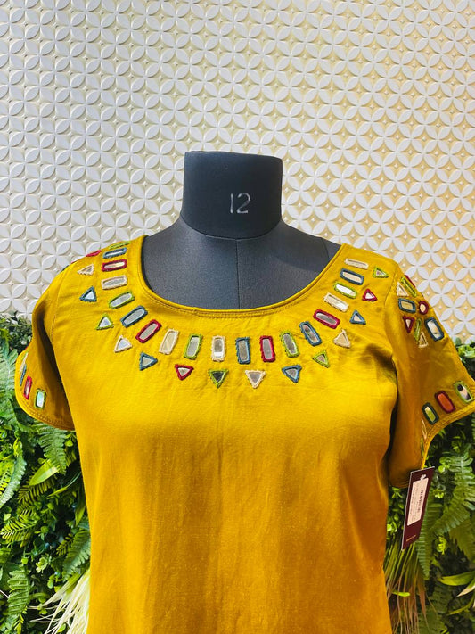 Rosaya Mustard Kutch Mirror Work Short Kurta / Top