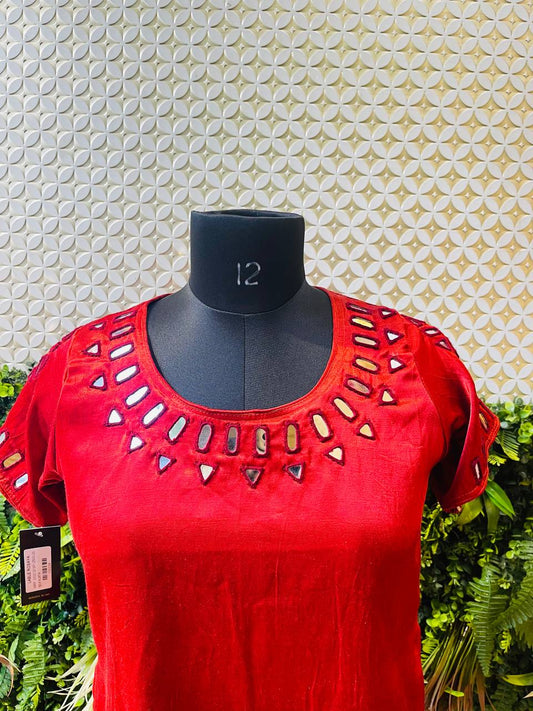 Rosaya Red Silk Mirror Work Kurta – Short Ethnic Top
