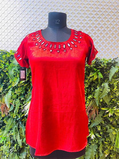 Rosaya Red Silk Mirror Work Kurta – Short Ethnic Top