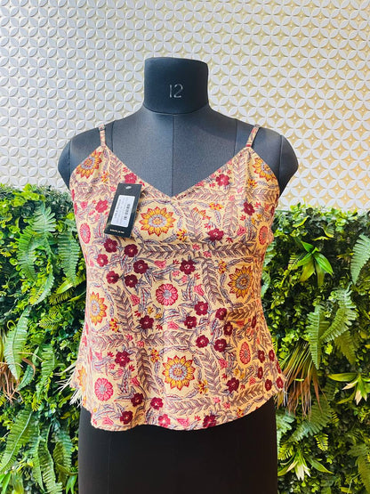 Rosaya Kalamkari Silk Spaghetti Top – Handcrafted Floral Print