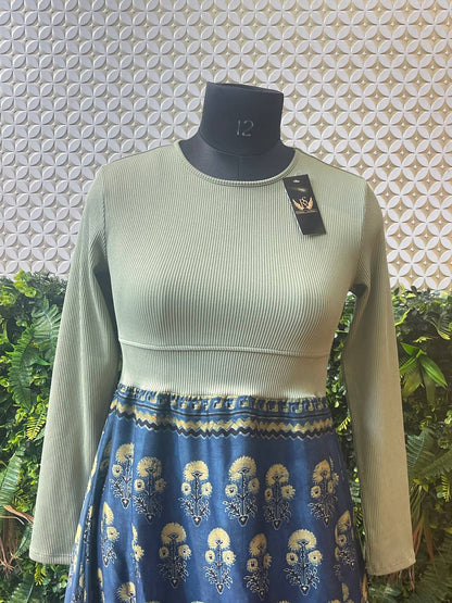Rosaya Sage Green & Indigo Printed One-Piece Dress