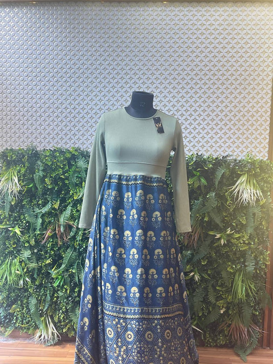 Rosaya Sage Green & Indigo Printed One-Piece Dress