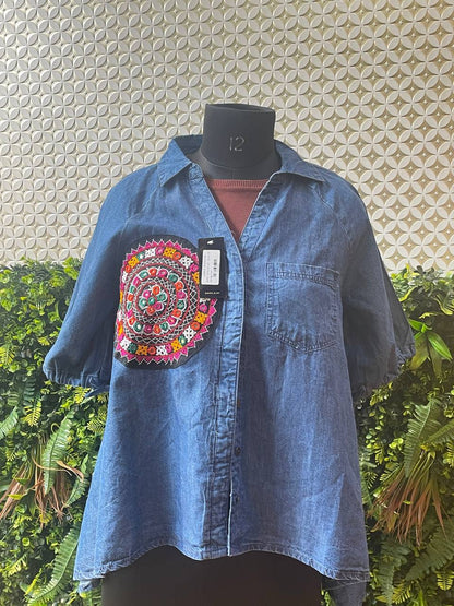 Rosaya Boho Embroidered Denim Shirt