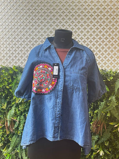 Rosaya Boho Embroidered Denim Shirt