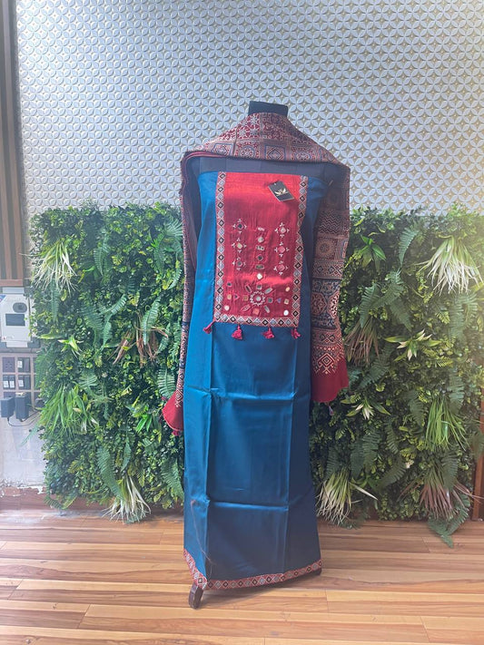 Rosaya Kutch Mirror Work 3-Piece Suit Set with Ajrakh Dupatta