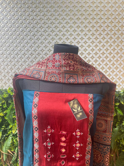 Rosaya Kutch Mirror Work 3-Piece Suit Set with Ajrakh Dupatta