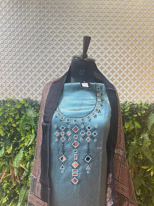 Rosaya Kutch Mirror Work Suit Set with Ajrakh Dupatta – Sky Blue Elegance