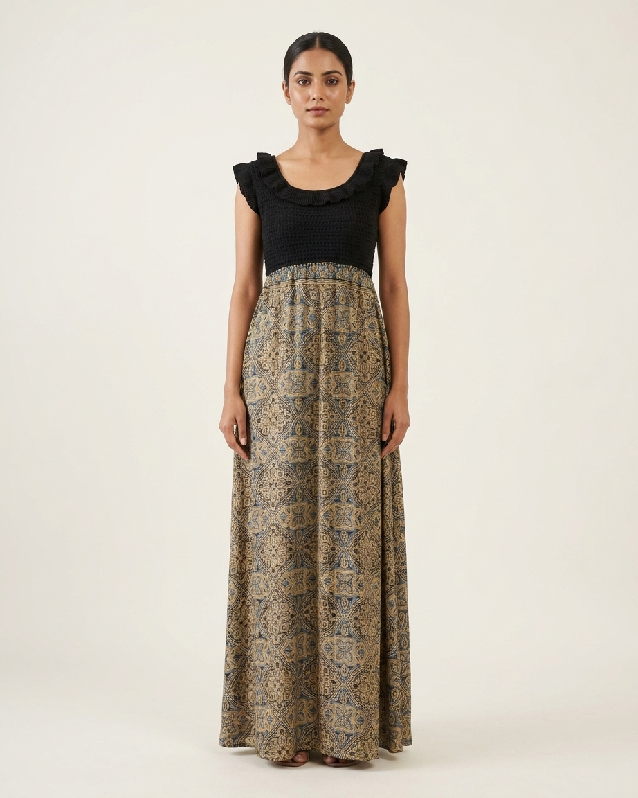Rosaya Black & Block Print One-Piece Gown