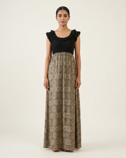 Rosaya Black & Block Print One-Piece Gown