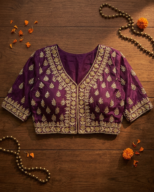 Handcrafted Zardozi Velvet Blouse for Women | Wine Banarasi Embroidered Festive & Wedding Wear – Rosaya