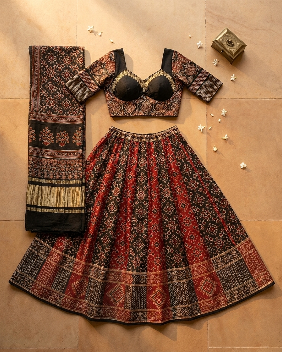 Rosaya Ajrakh Skirt Set with Alternate Blouse & Modal Silk Dupatta