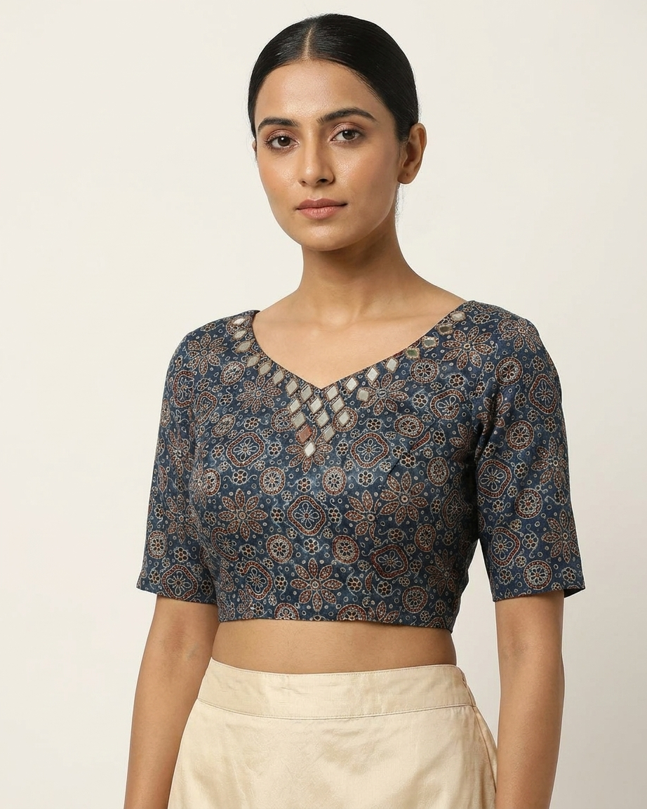 Midnight Ajrak Mirror Work Blouse