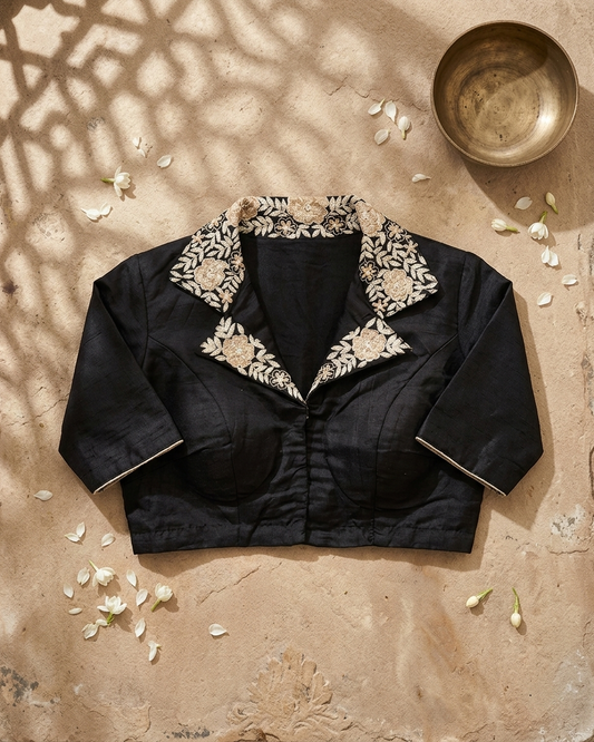 Noir Elegance Embroidered Collar Blouse