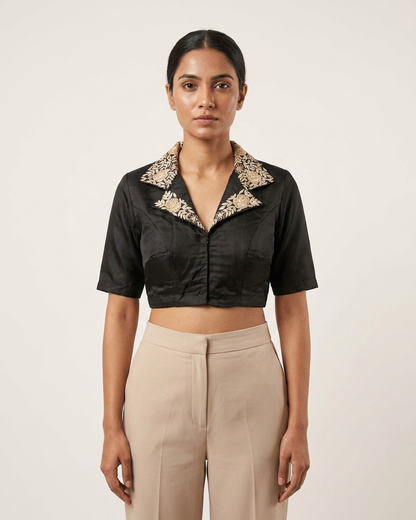Noir Elegance Embroidered Collar Blouse