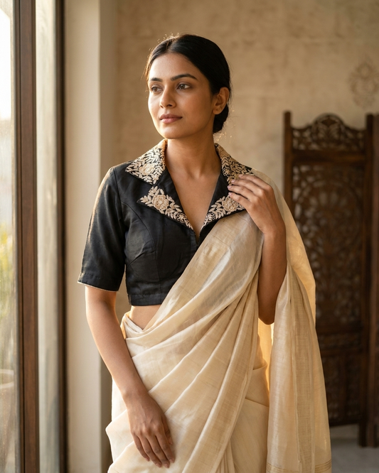 Noir Elegance Embroidered Collar Blouse