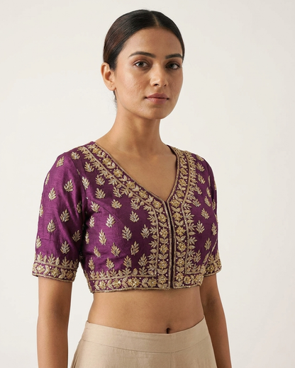 Handcrafted Zardozi Velvet Blouse for Women | Wine Banarasi Embroidered Festive & Wedding Wear – Rosaya